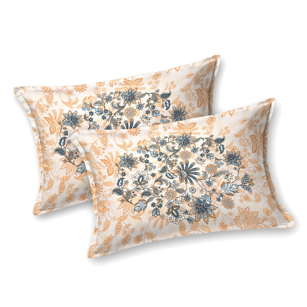 Two peach floral pillow covers with a navy and powder-blue oval flower motif, Har_93_047 Blue