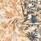Swirled fabric showing peach Jacobean florals beside navy-blue flowers on cream, Castile India bedsheet