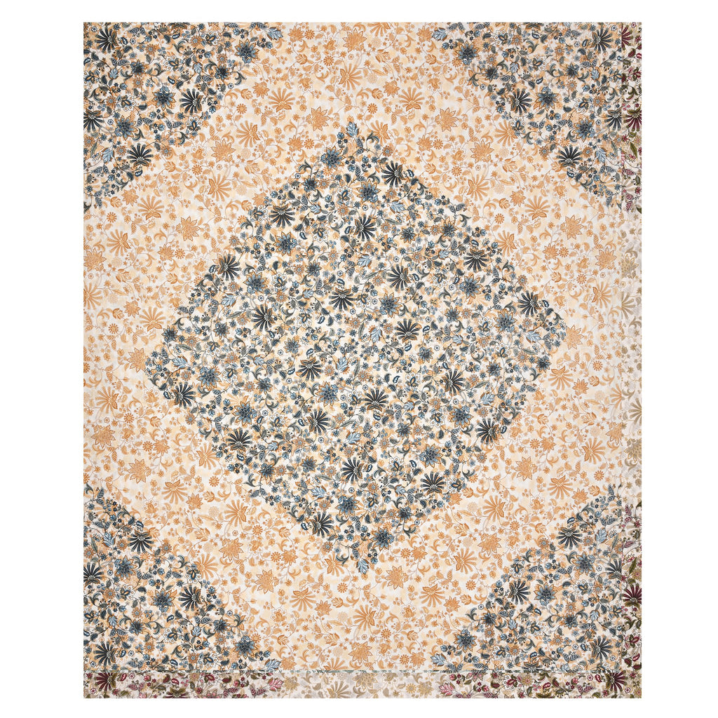 Full flat view of the 90x108 bedsheet showing the navy-blue floral diamond centre and corner panels