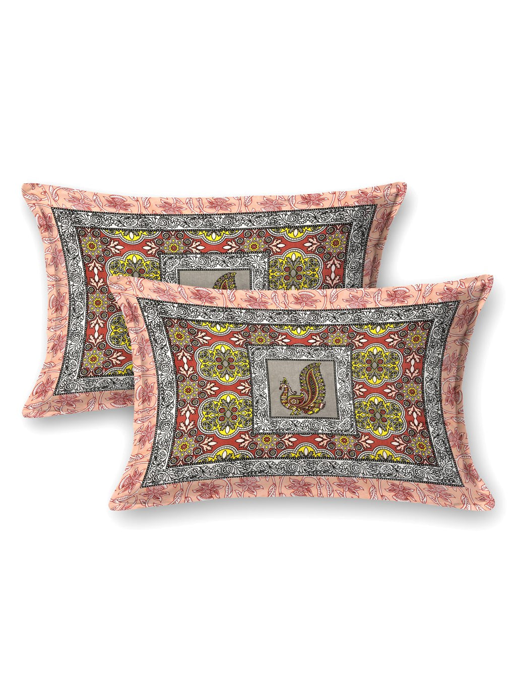 Two pillow covers with an ornamental border and a framed peacock motif in the centre, peach colourway