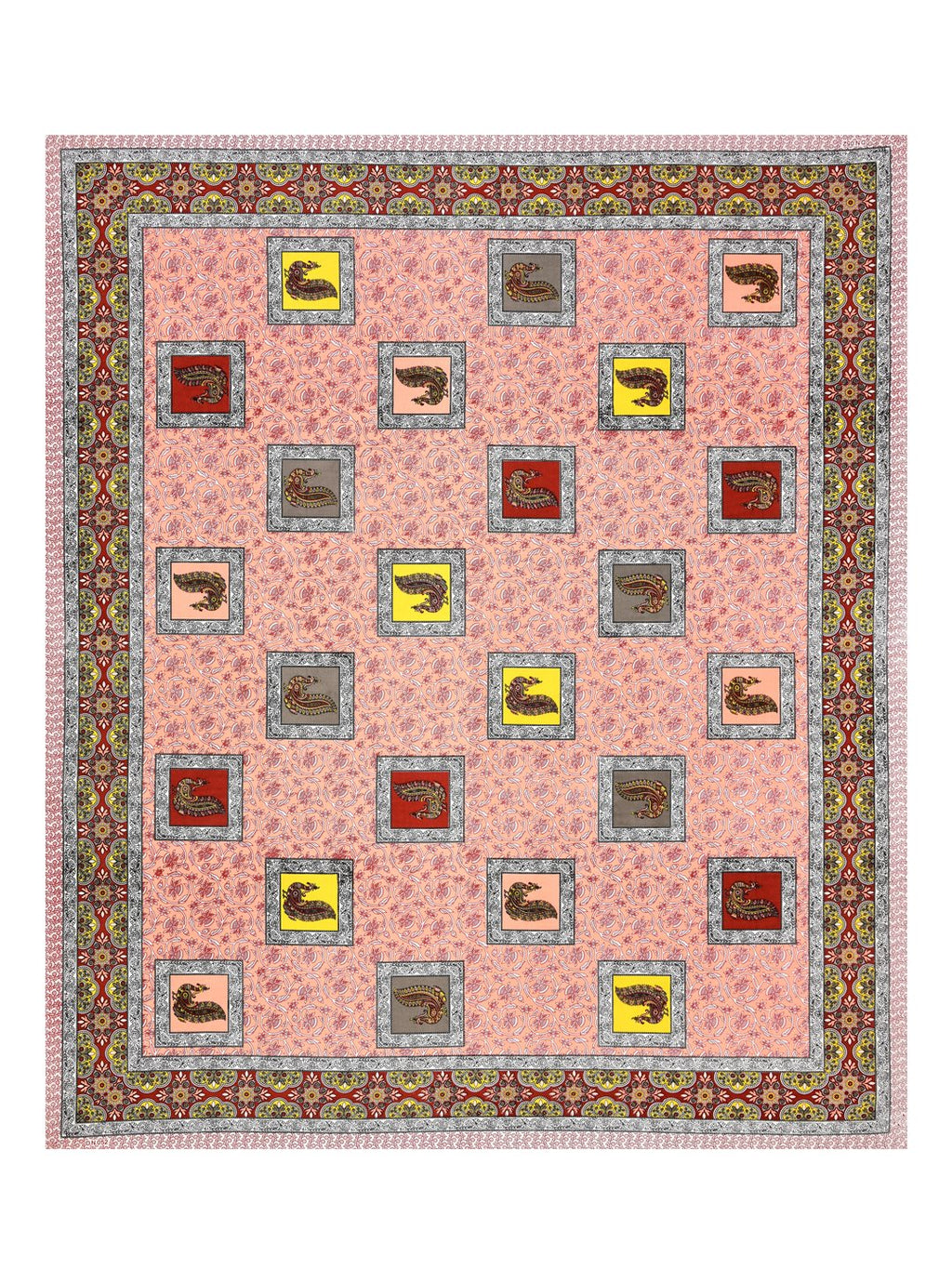 Full flat view of the peach peacock motif bedsheet with scattered square patches and ornamental border