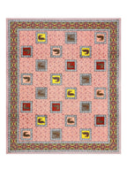 Full flat view of the peach peacock motif bedsheet with scattered square patches and ornamental border