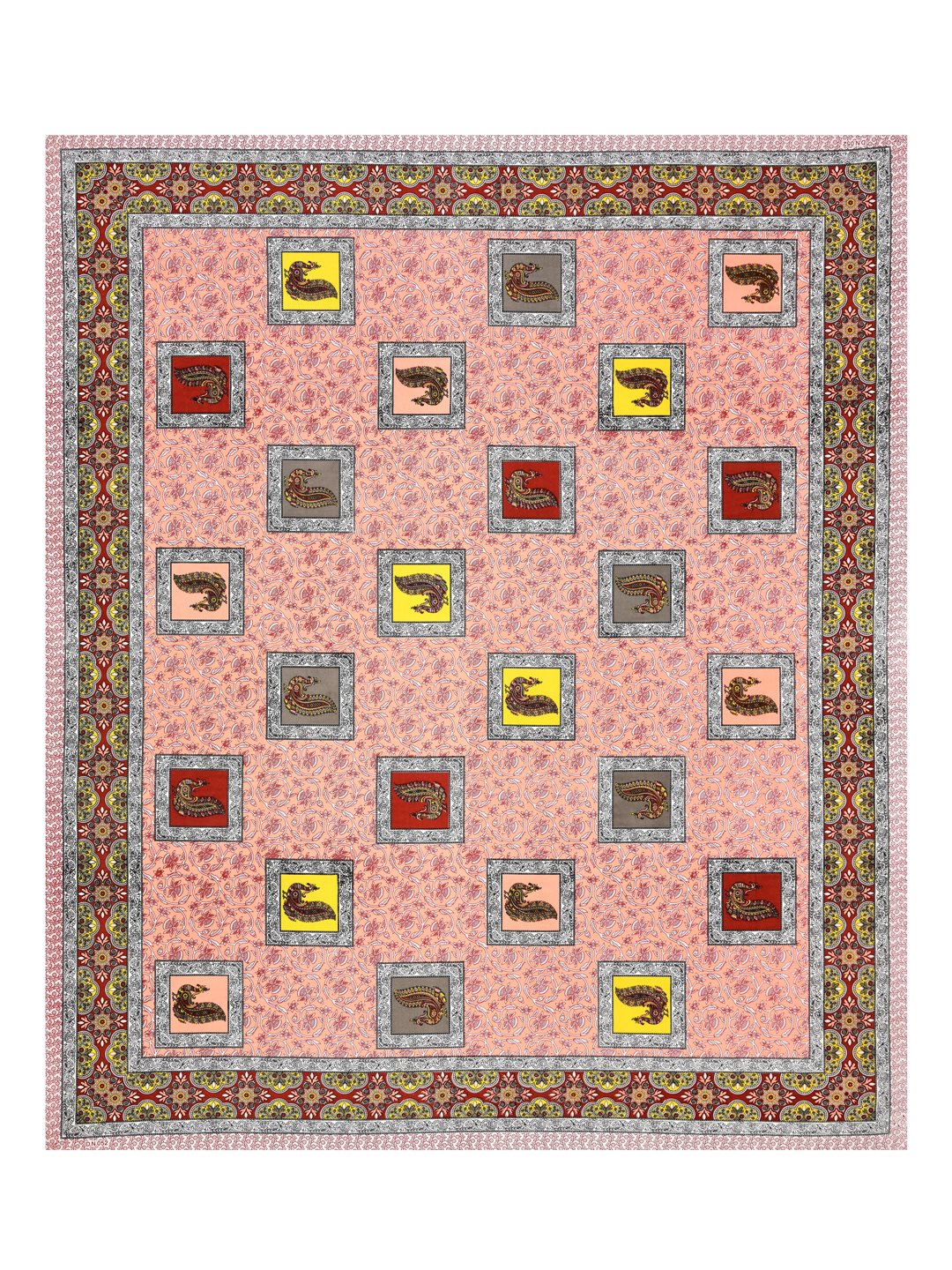 Full flat view of the peach peacock motif bedsheet with scattered square patches and ornamental border