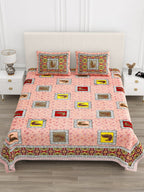 Front view of Castile India peach peacock motif bedsheet 90x108 on a bed with 2 pillow covers