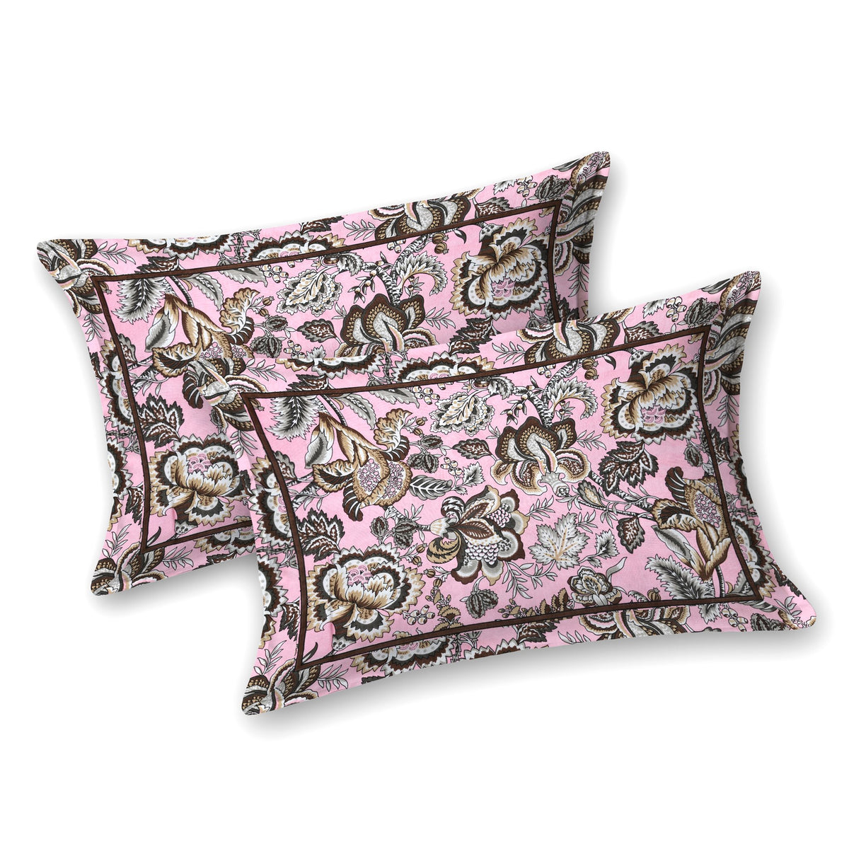 Two pink pillow covers with brown and grey Jacobean florals and a thin dark brown border line