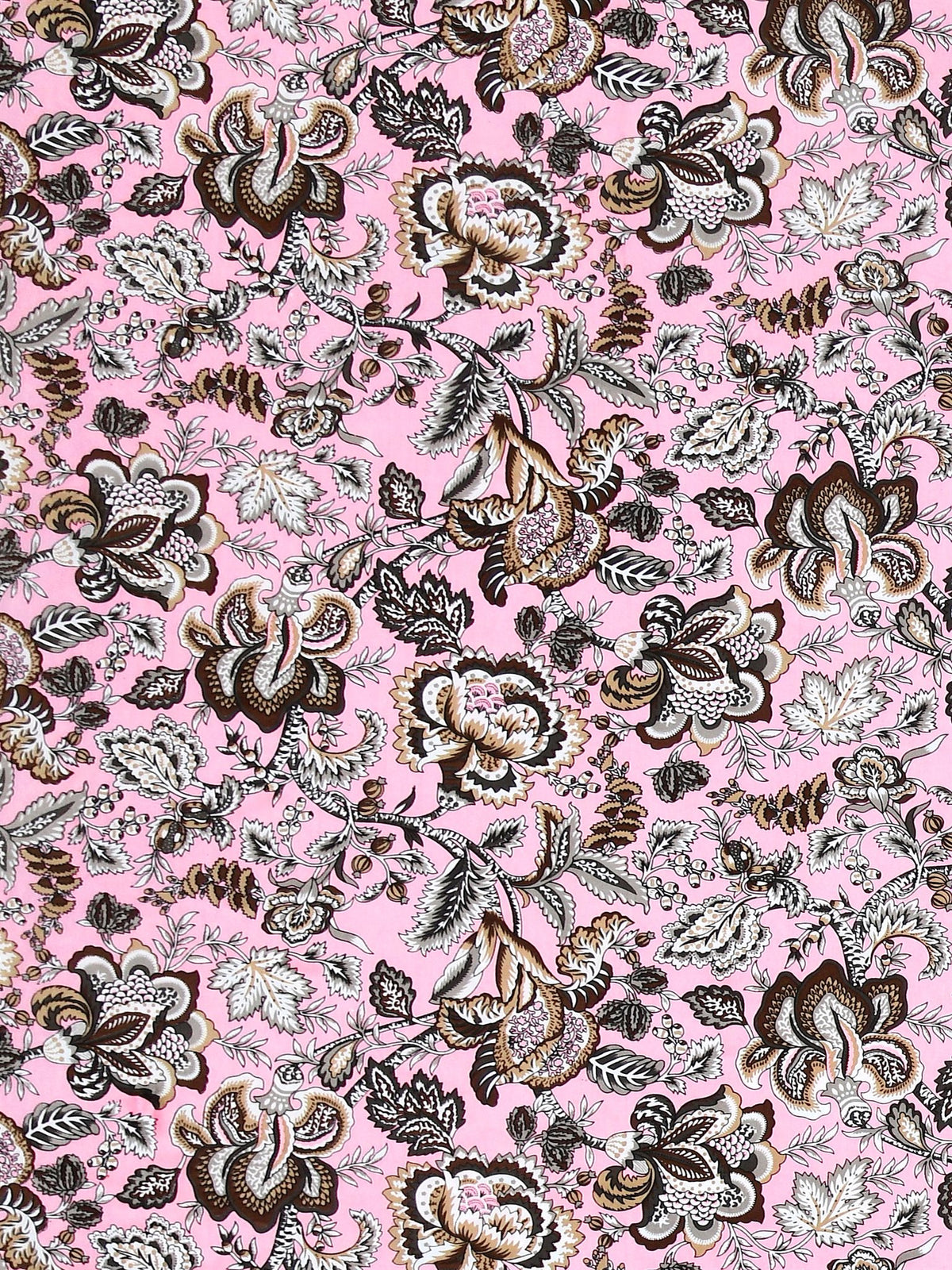 Close-up of large chocolate brown, grey and beige Jacobean-style flowers on a pink base