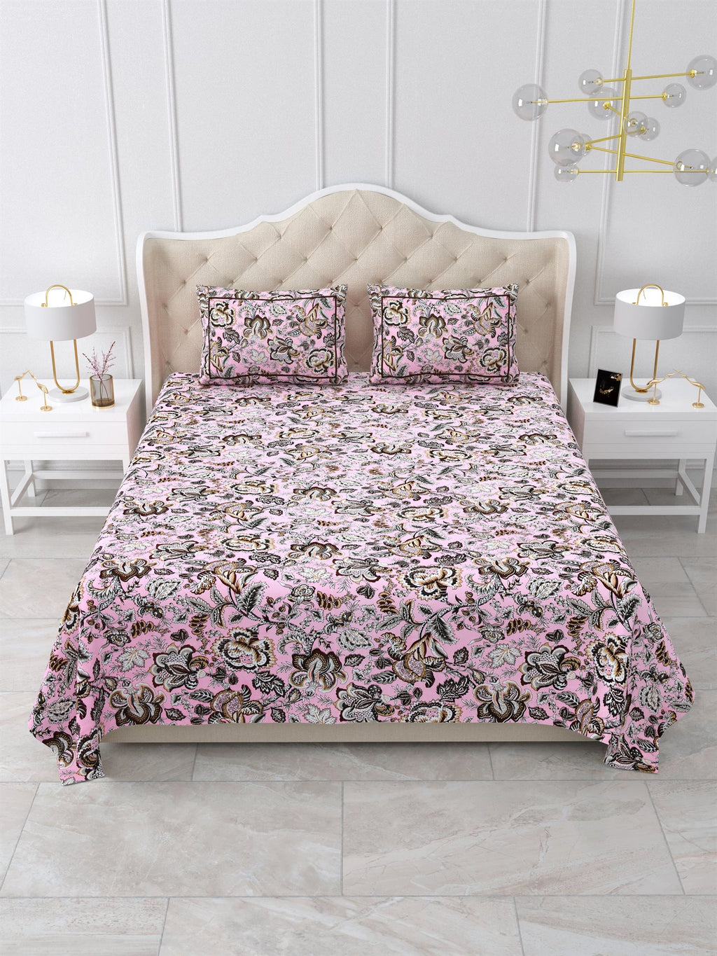Front view of Castile India pink and brown Jacobean floral bedsheet 90x108 with 2 pillow covers