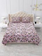 Front view of Castile India pink and brown Jacobean floral bedsheet 90x108 with 2 pillow covers
