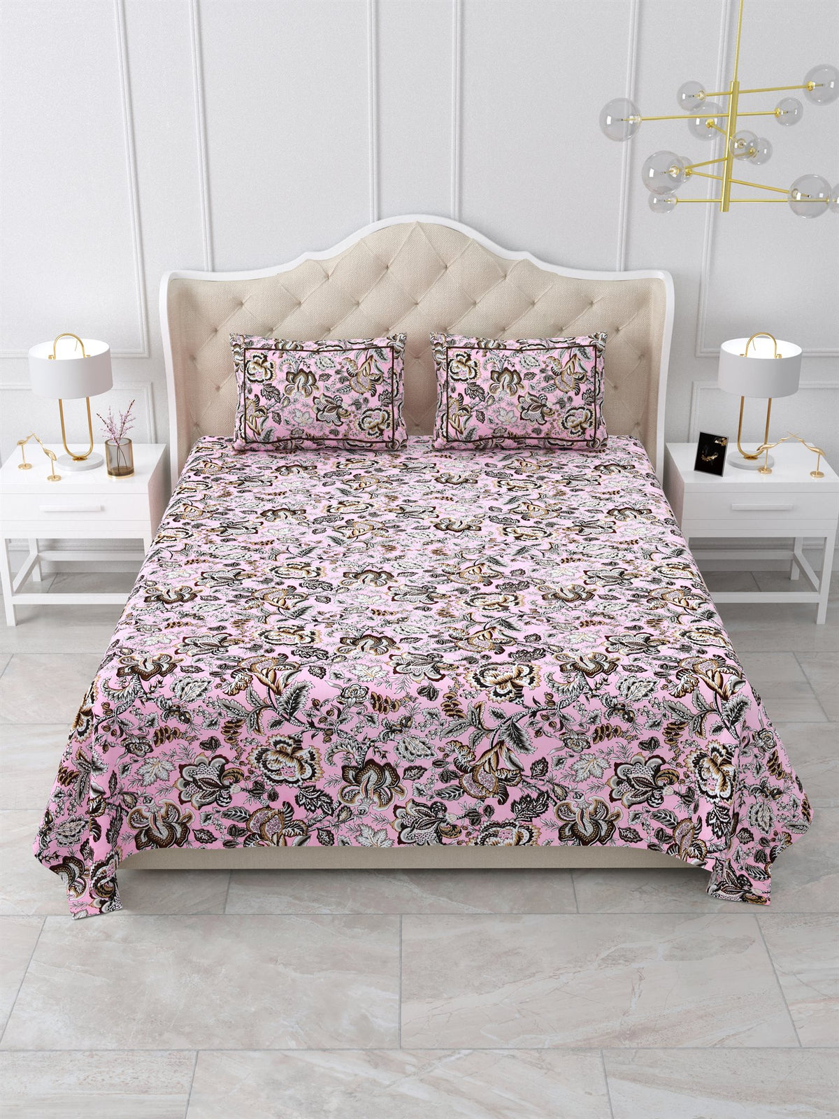 Front view of Castile India pink and brown Jacobean floral bedsheet 90x108 with 2 pillow covers