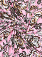 Swirled fabric close-up of brown and grey florals on pink, Castile India bedsheet