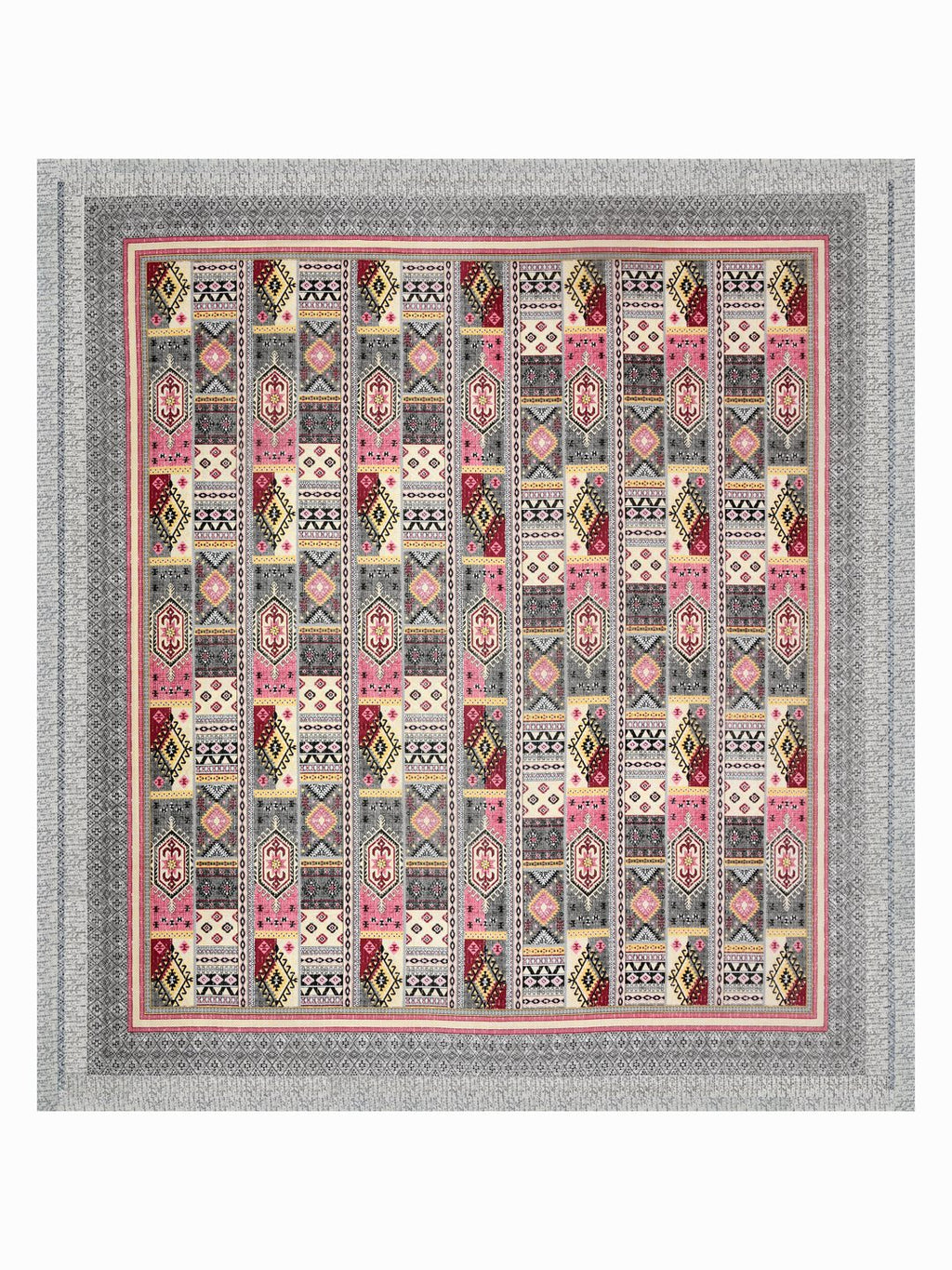 Full flat view of Castile India pink & grey Aztec patchwork super king bedsheet 108x108 with wide border