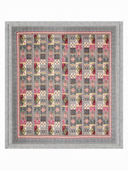Full flat view of Castile India pink & grey Aztec patchwork super king bedsheet 108x108 with wide border