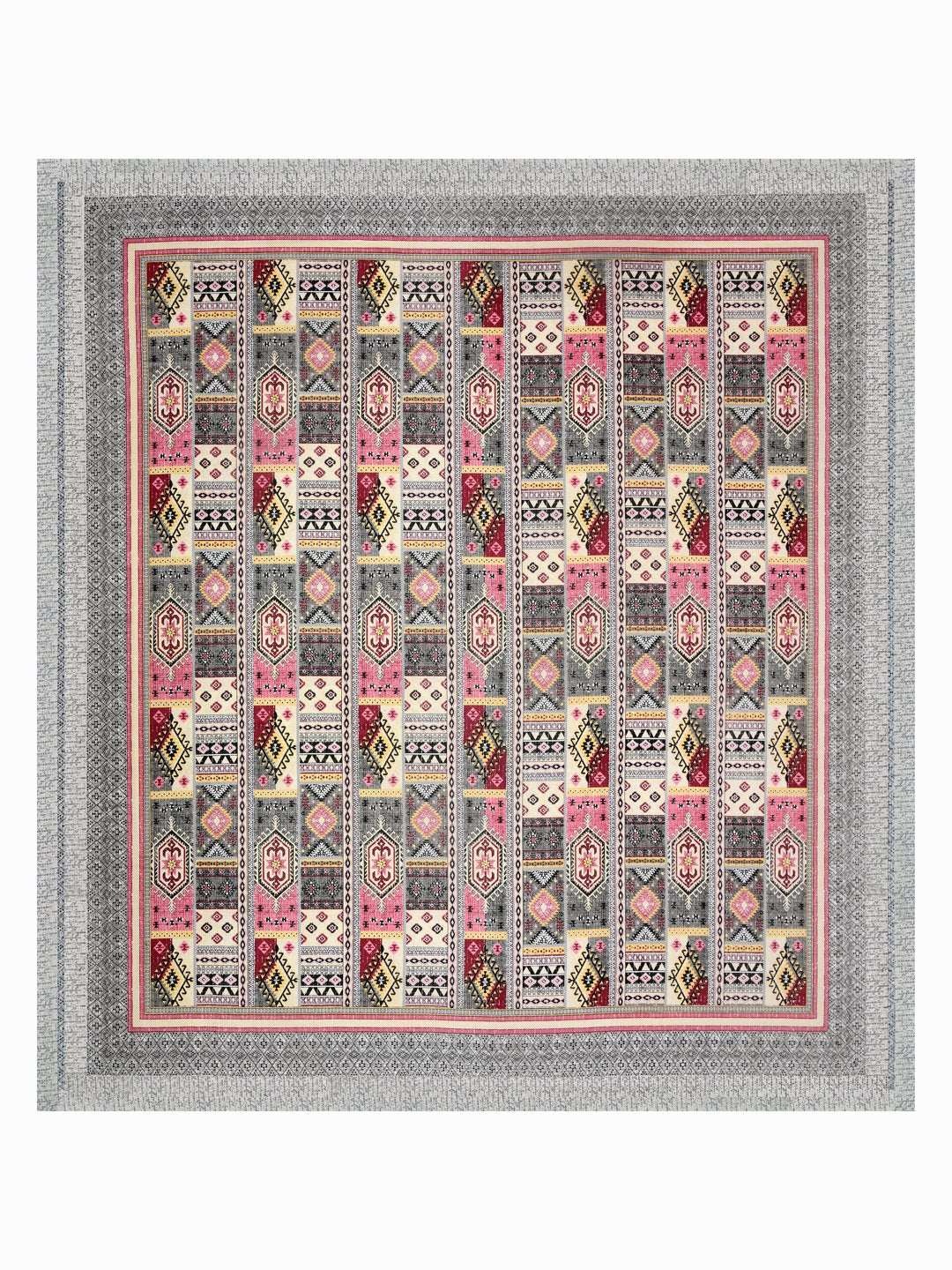 Full flat view of Castile India pink & grey Aztec patchwork super king bedsheet 108x108 with wide border