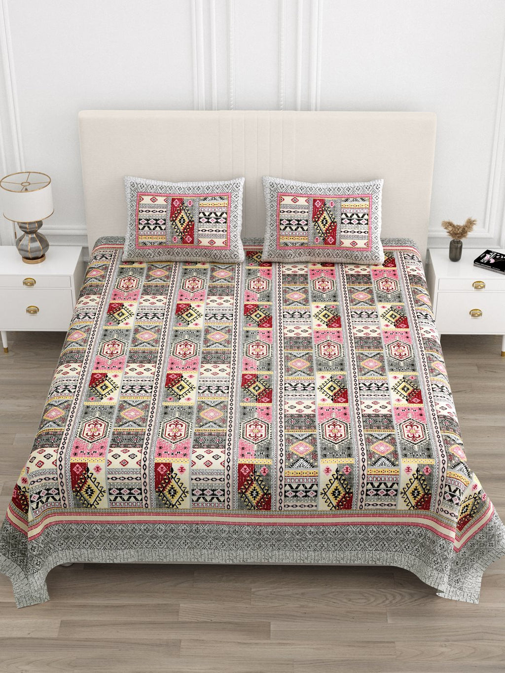 Front view of Castile India pink & grey Aztec patchwork super king size bedsheet 108x108 with 2 pillow covers
