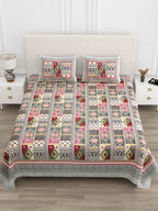 Front view of Castile India pink & grey Aztec patchwork super king size bedsheet 108x108 with 2 pillow covers