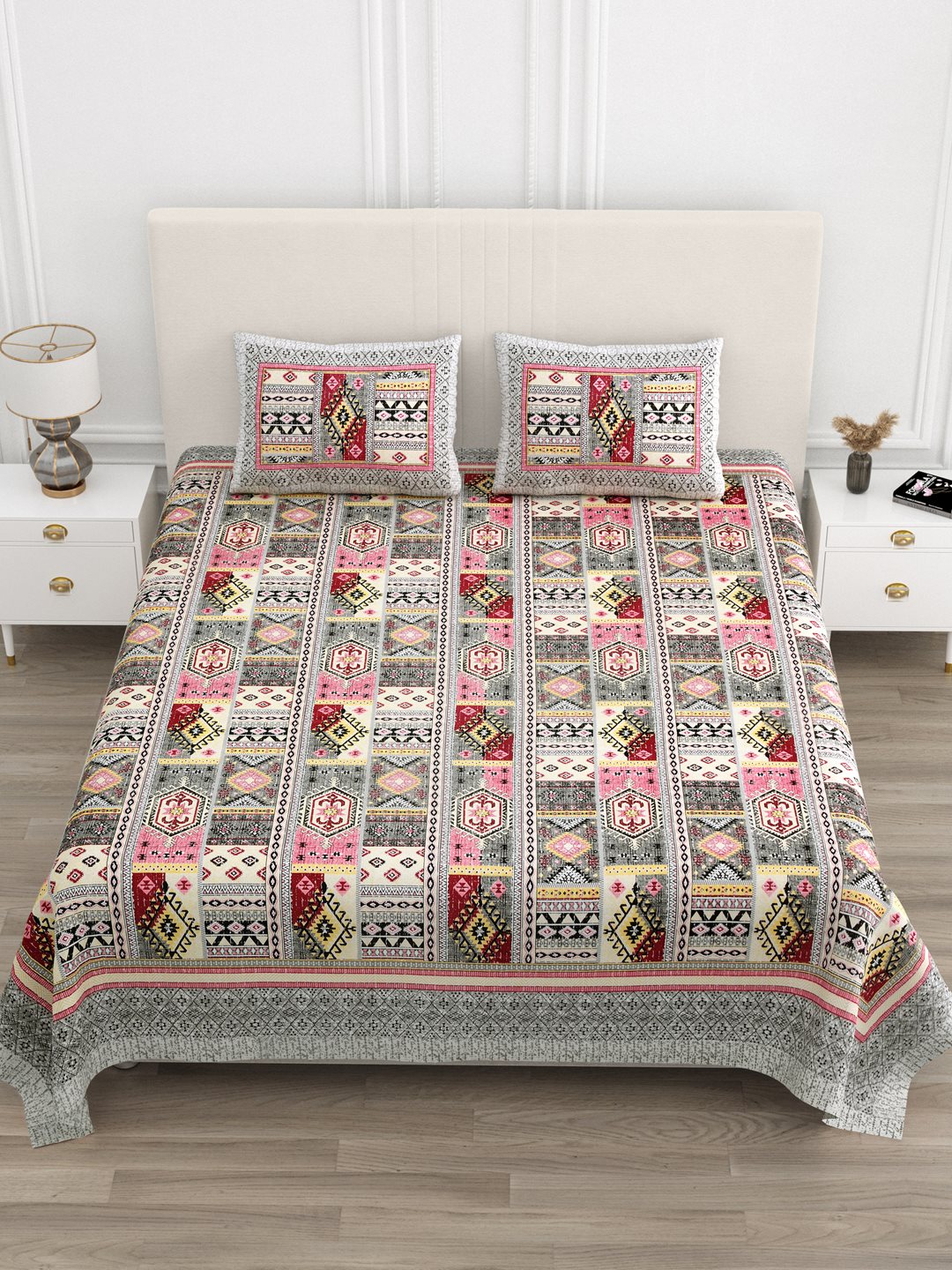 Front view of Castile India pink & grey Aztec patchwork super king size bedsheet 108x108 with 2 pillow covers