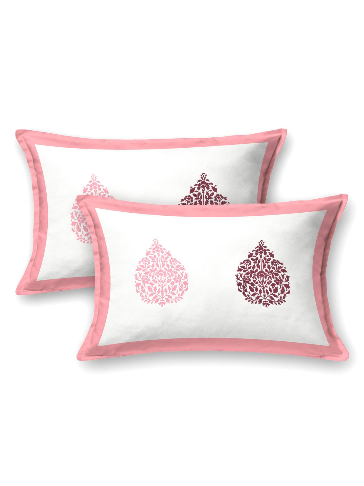 Two white pillow covers with a pink frame and pink & maroon damask buta motifs