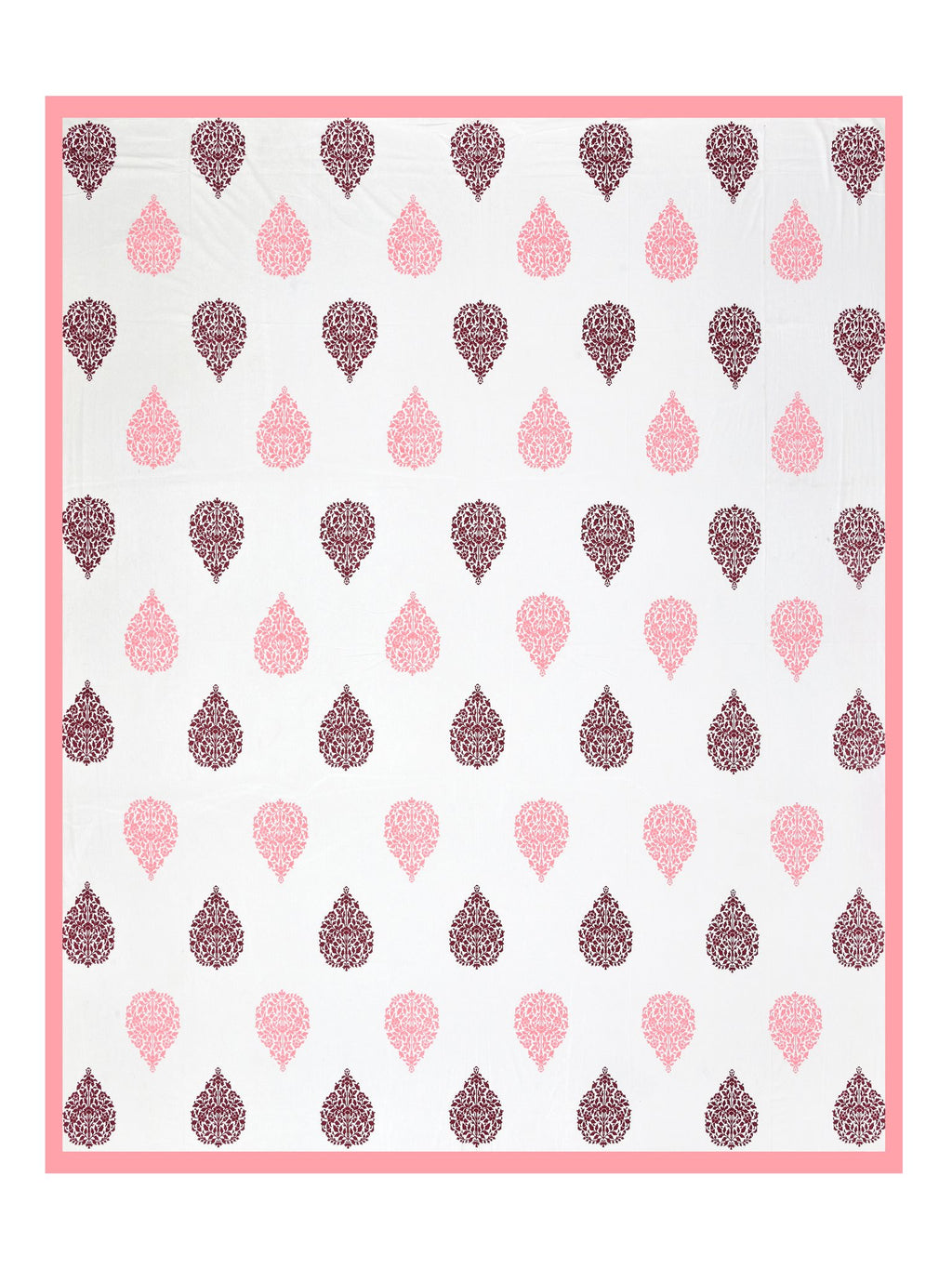 Full flat view of Castile India pink & maroon damask buta super king bedsheet 108x108 with pink border