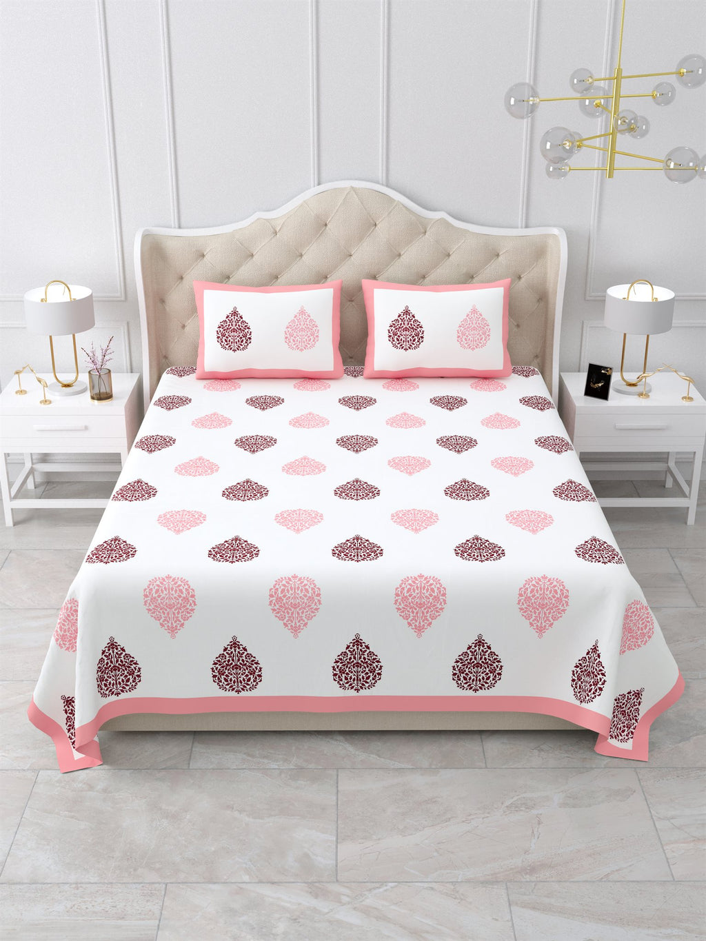 Front view of Castile India pink & maroon damask buta super king size bedsheet 108x108 with 2 pillow covers