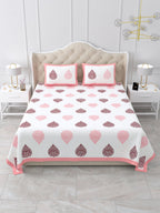Front view of Castile India pink & maroon damask buta super king size bedsheet 108x108 with 2 pillow covers
