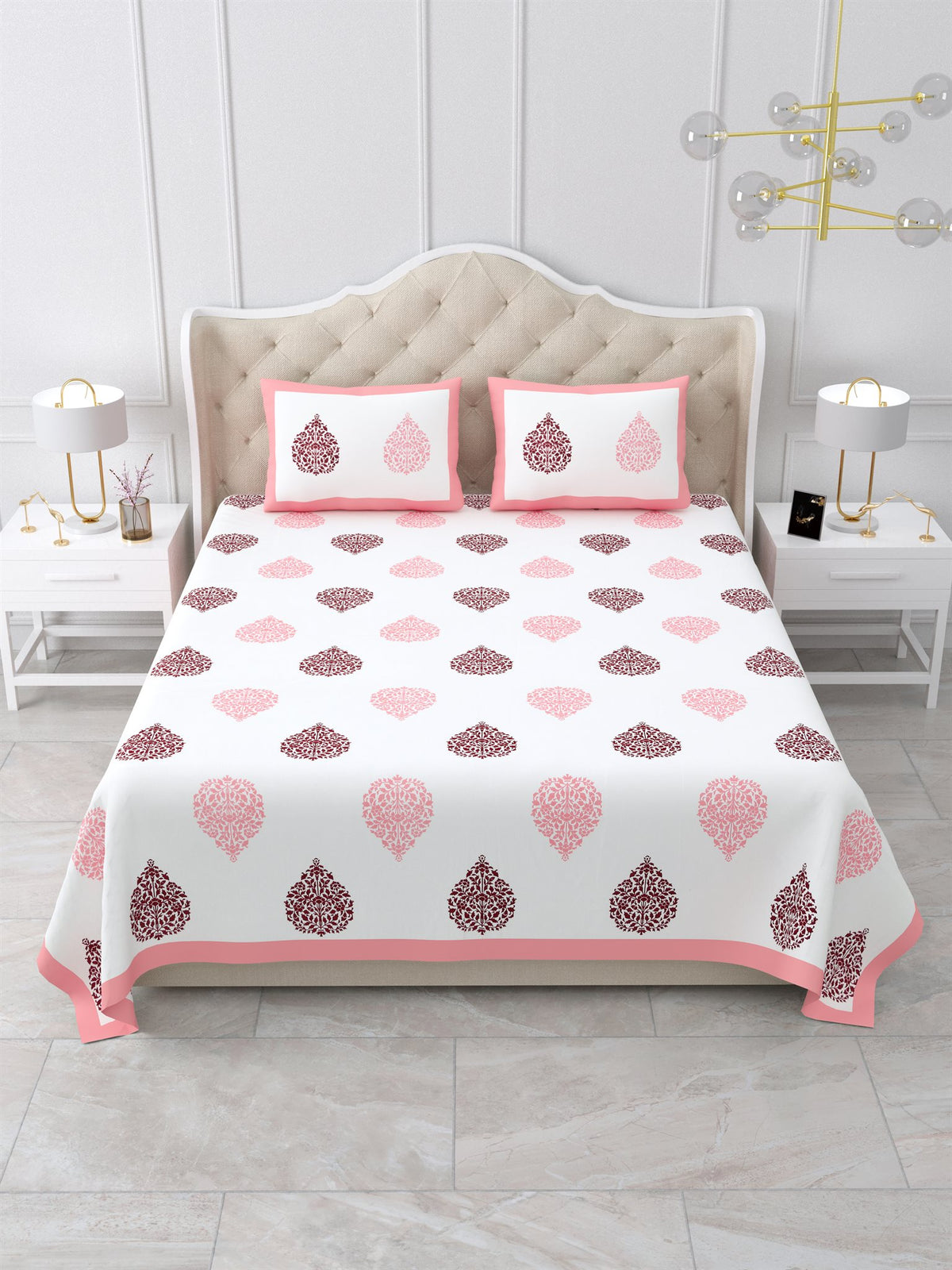 Front view of Castile India pink & maroon damask buta super king size bedsheet 108x108 with 2 pillow covers