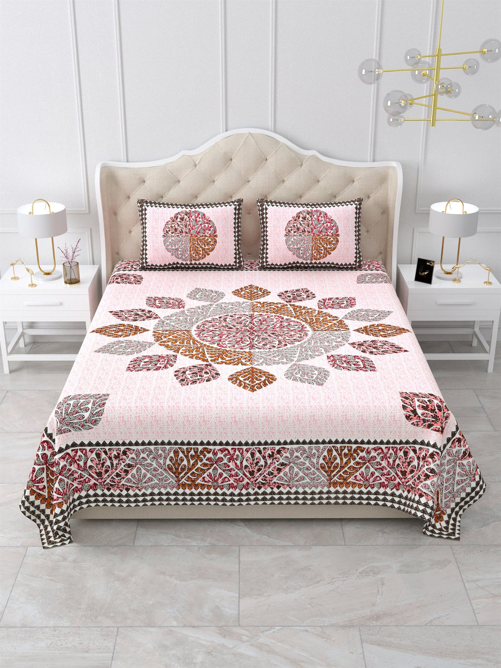 Front view of Castile India pink and maroon leaf mandala bedsheet 90x108 on a bed with 2 pillow covers