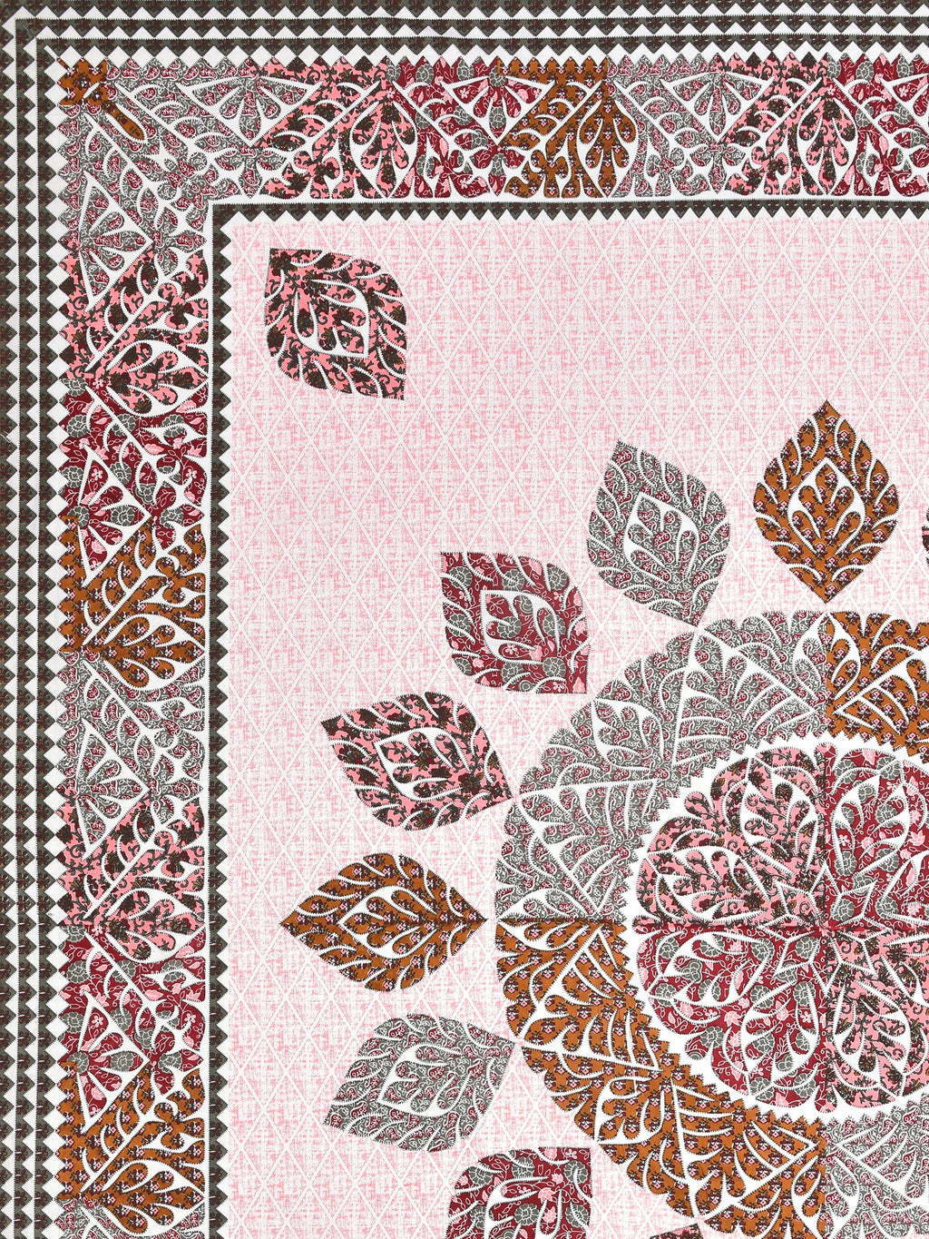 Flat corner close-up of the leaf mandala and maroon leaf border on a pink lattice base