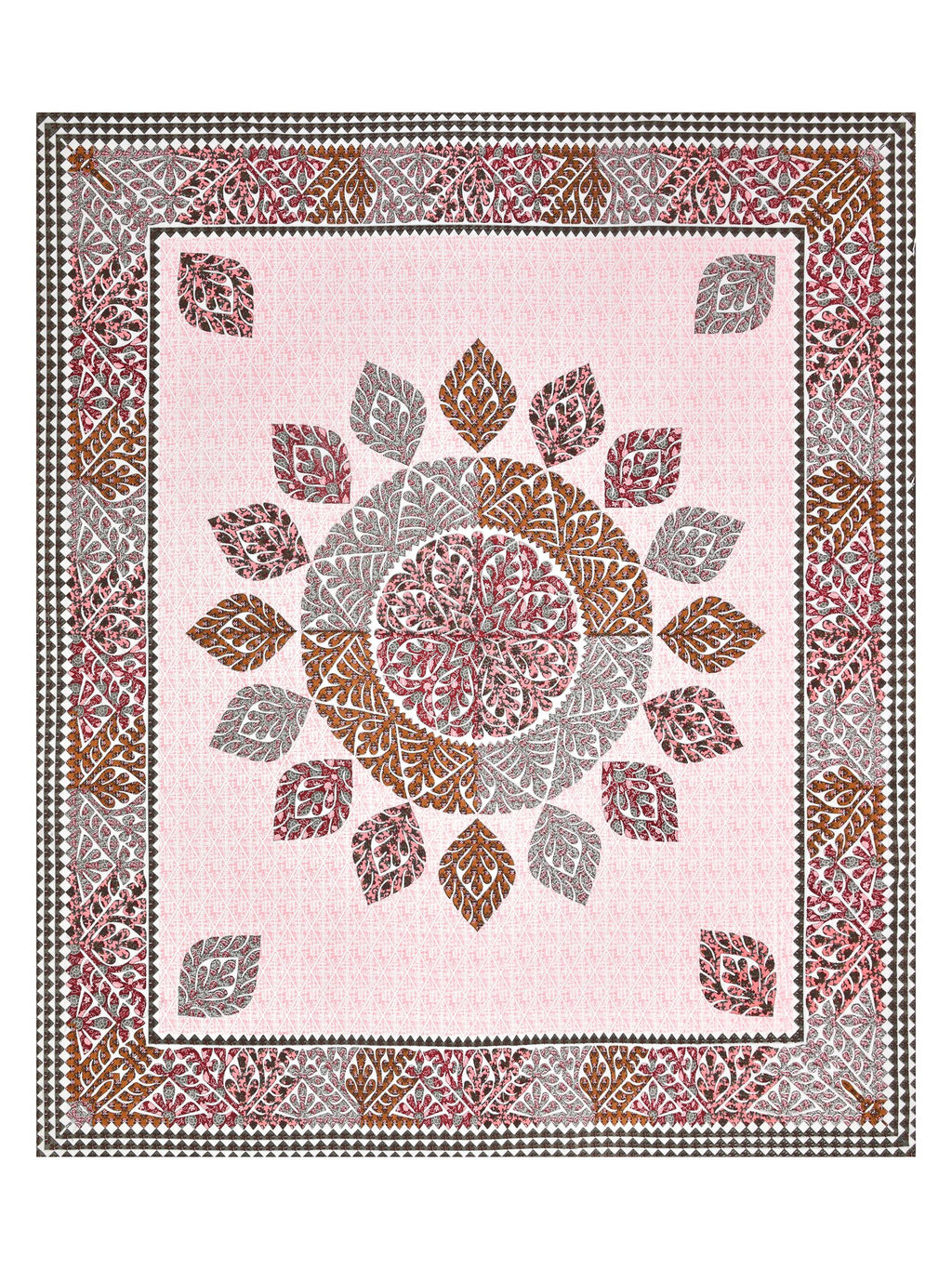 Full flat view of the pink and maroon leaf mandala bedsheet with leaf-motif border