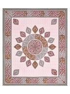Full flat view of the pink and maroon leaf mandala bedsheet with leaf-motif border