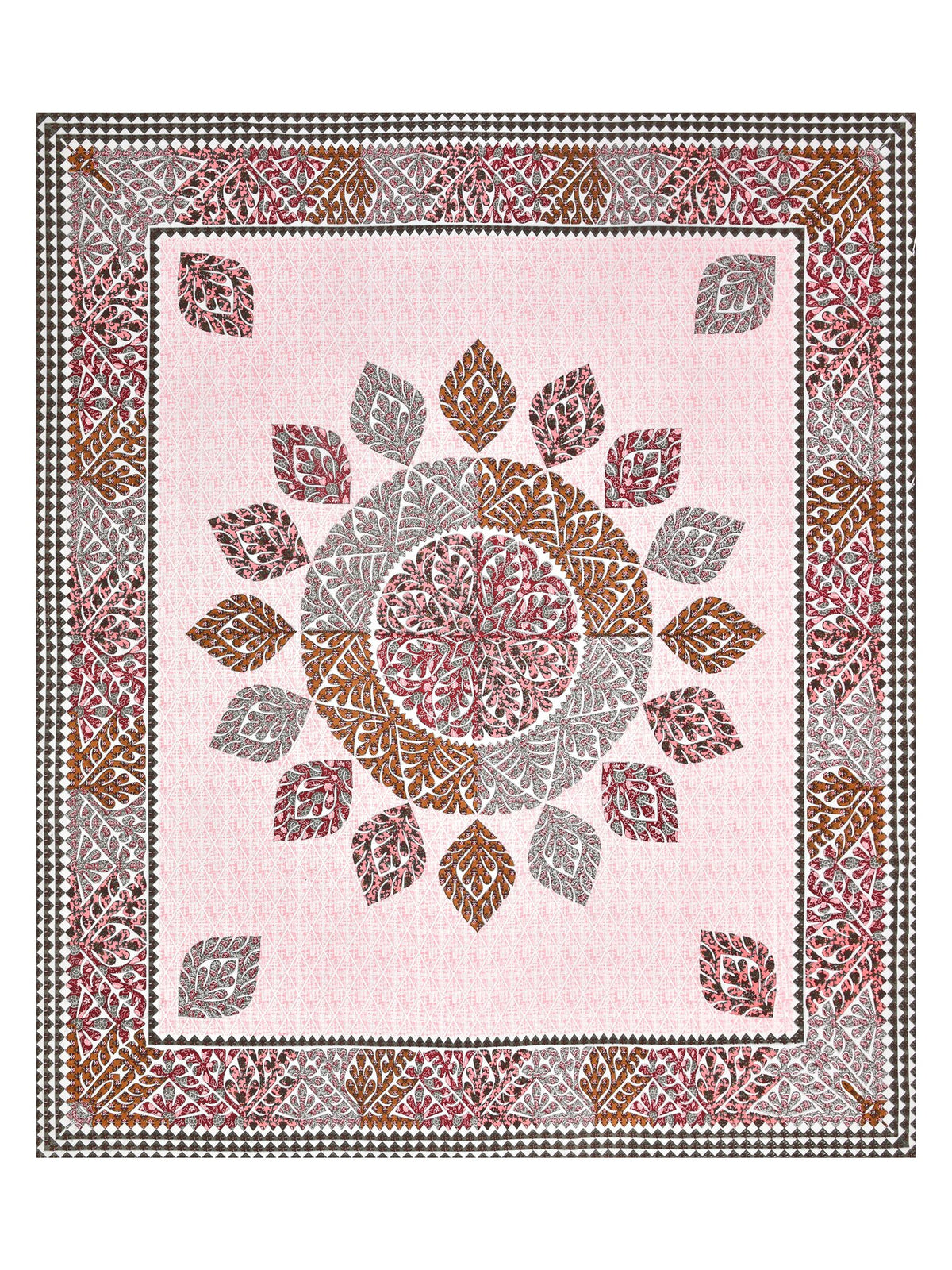 Full flat view of the pink and maroon leaf mandala bedsheet with leaf-motif border