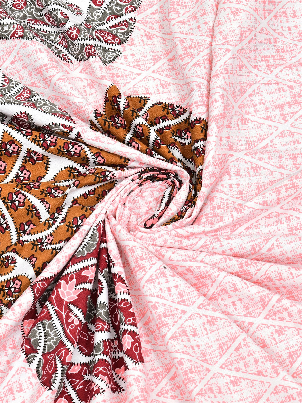 Swirled fabric close-up of maroon, caramel and grey leaf motifs on a pink lattice-textured base