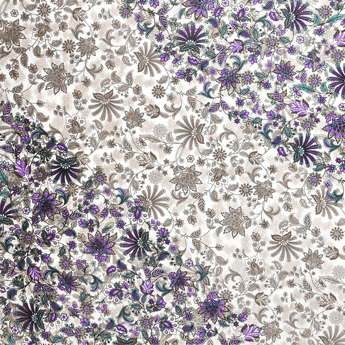 Close-up of purple and lavender blooms meeting taupe-grey florals on a white base