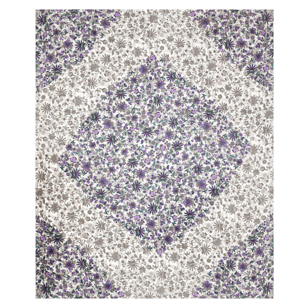 Full flat view of the purple floral 90x108 bedsheet with diamond centre and corner panels