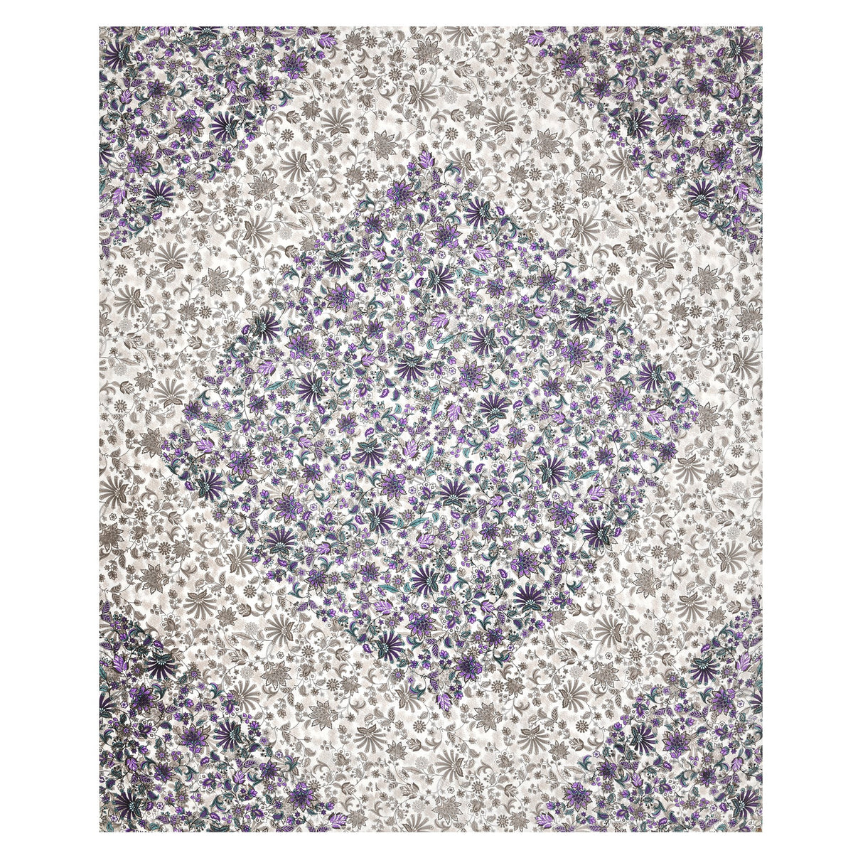 Full flat view of the purple floral 90x108 bedsheet with diamond centre and corner panels