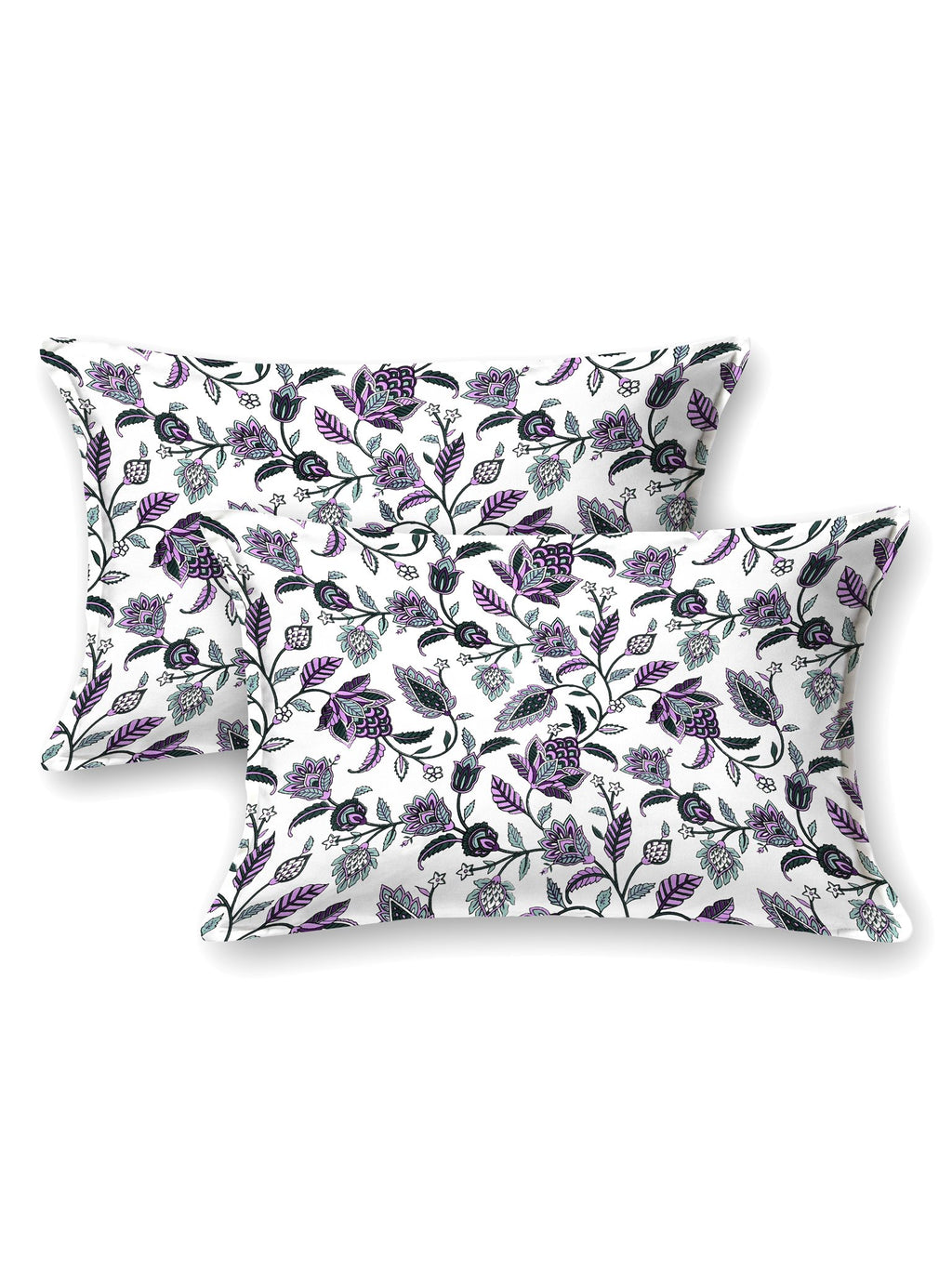 Two white pillow covers with purple, lavender and green trailing floral vine print