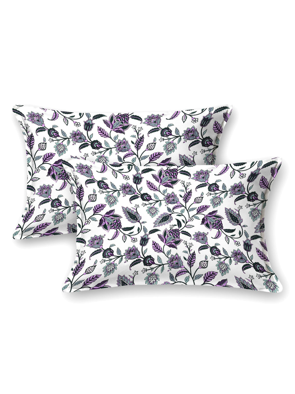 Two white pillow covers with purple, lavender and green trailing floral vine print