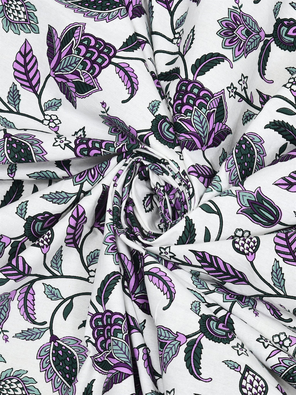 Swirled fabric close-up of purple, lavender and deep green floral vines on a white base