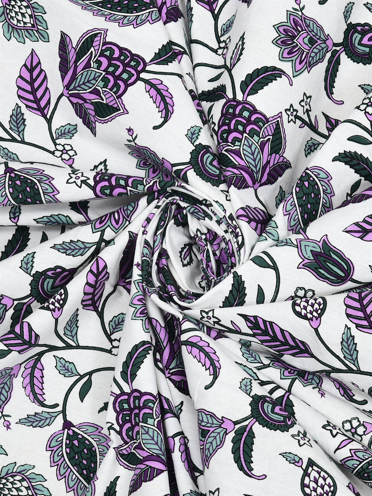 Swirled fabric close-up of purple, lavender and deep green floral vines on a white base