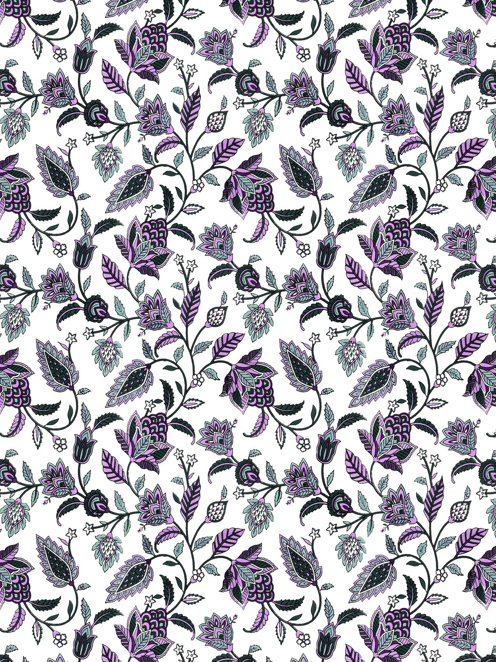 Close-up of the trailing purple and sage-grey floral vine pattern on white