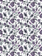 Close-up of the trailing purple and sage-grey floral vine pattern on white