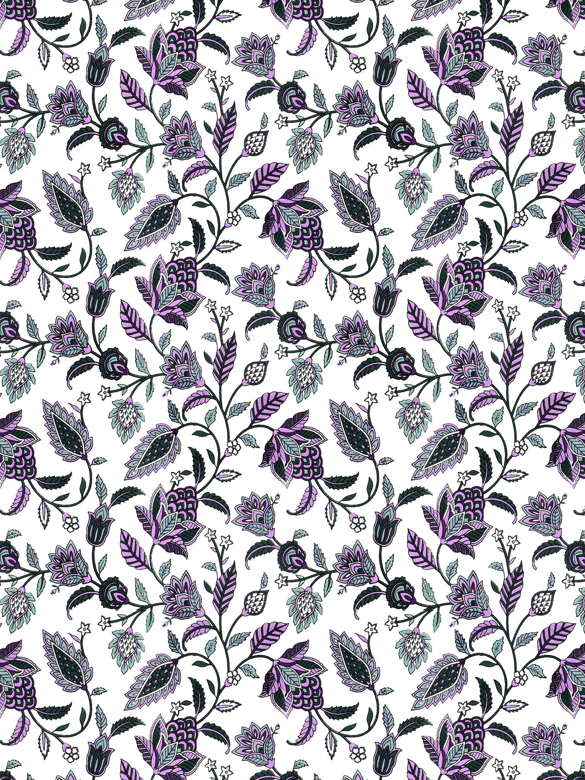 Close-up of the trailing purple and sage-grey floral vine pattern on white