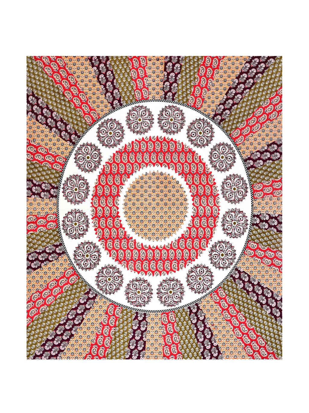 Full flat view of the red and olive mandala sunburst king size bedsheet