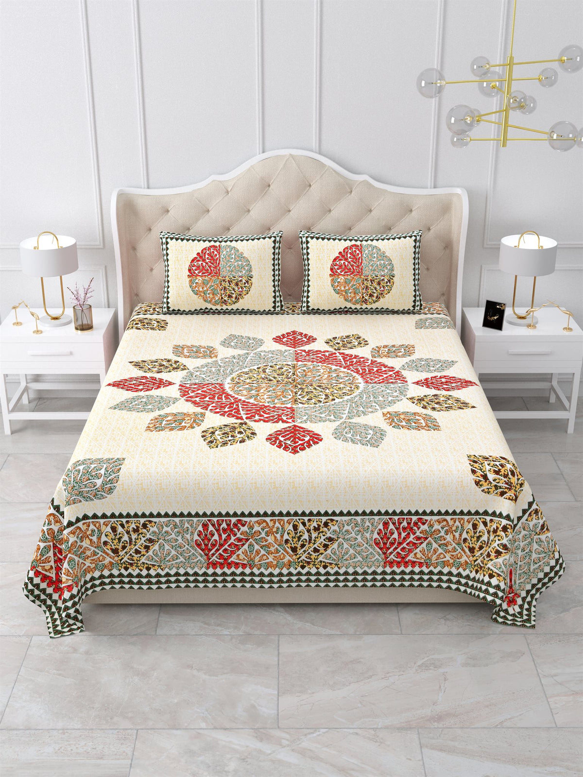 Front view of Castile India red and sage leaf mandala bedsheet 90x108 on a bed with 2 pillow covers