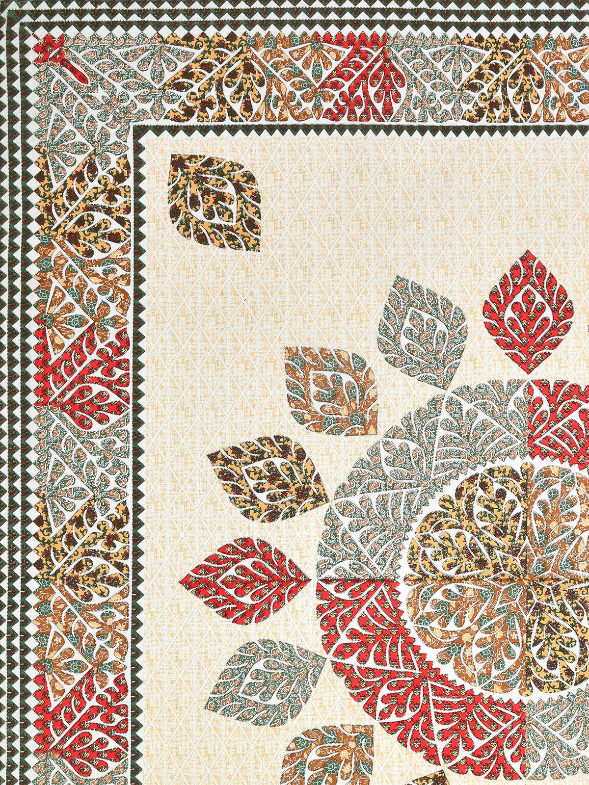 Flat corner close-up of the leaf mandala and red and sage leaf border on a cream base