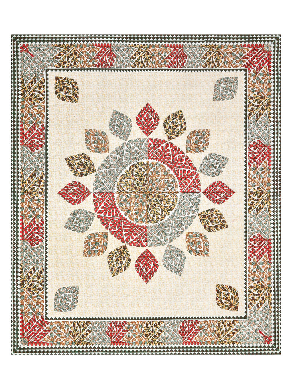 Full flat view of the red and sage leaf mandala bedsheet with leaf-motif border