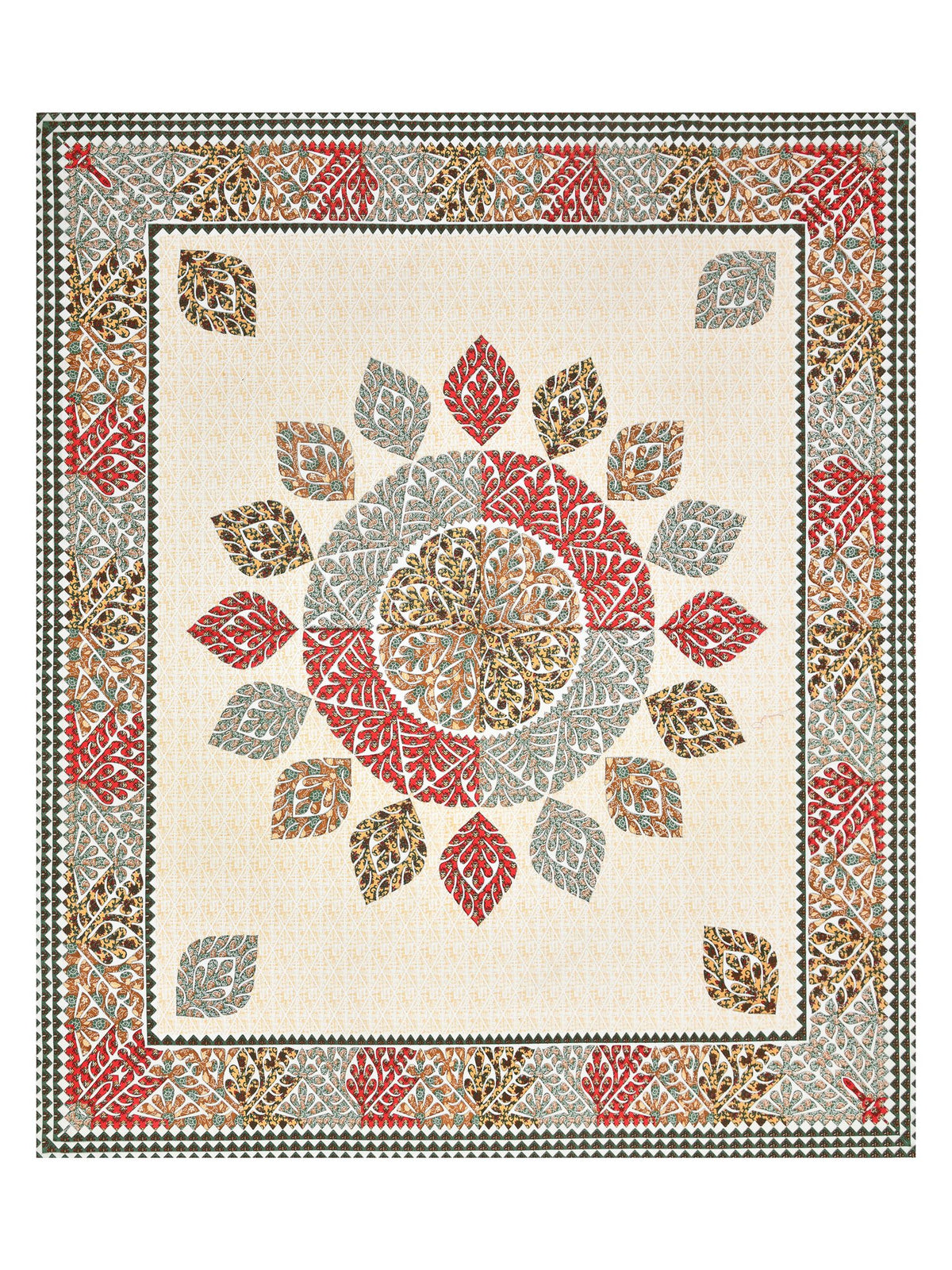 Full flat view of the red and sage leaf mandala bedsheet with leaf-motif border