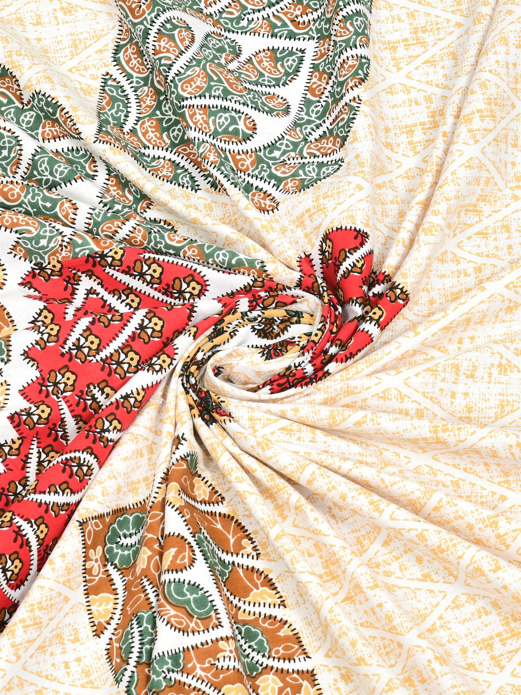 Swirled fabric close-up of red, sage and ochre leaf motifs on a cream lattice-textured base