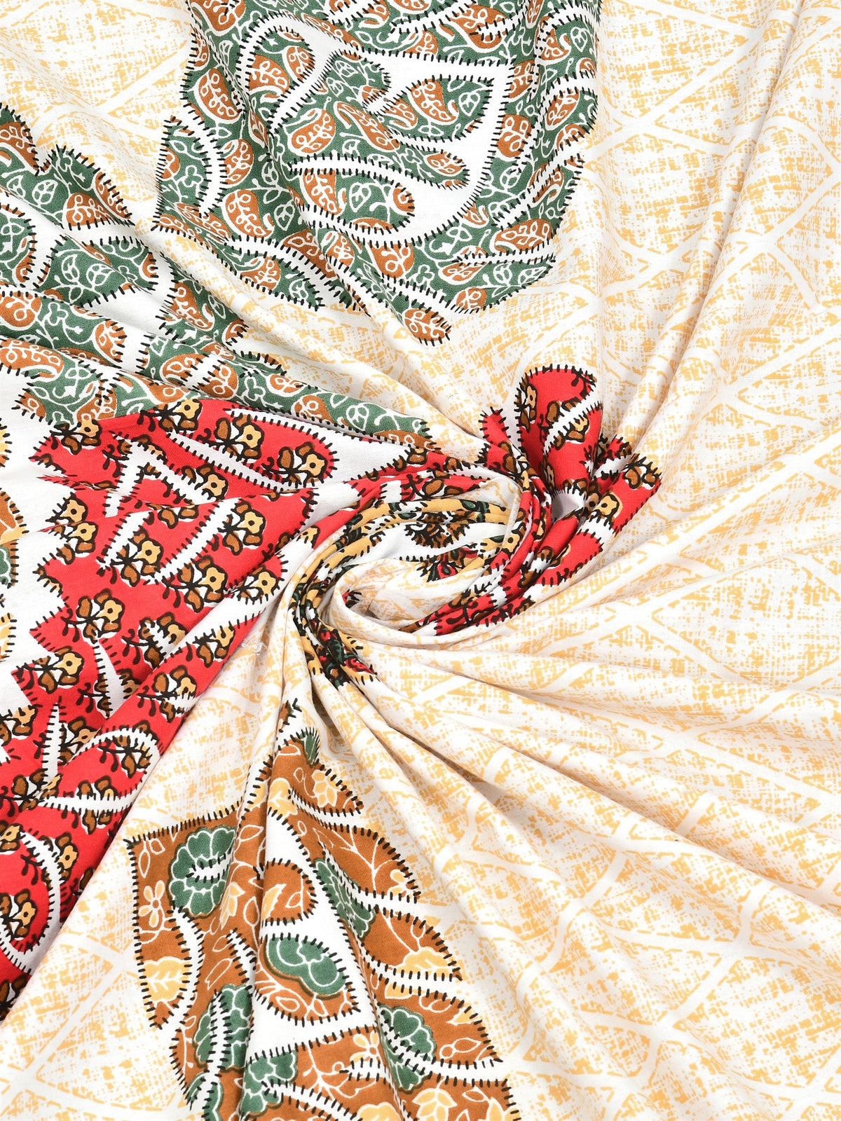 Swirled fabric close-up of red, sage and ochre leaf motifs on a cream lattice-textured base