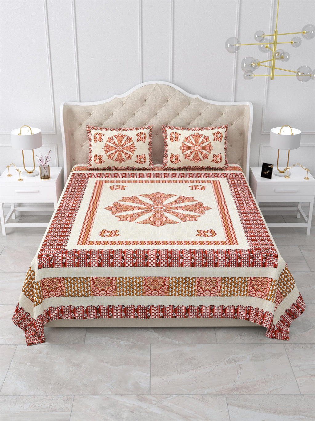 Front view of Castile India rust and cream mandala medallion bedsheet 90x108 on a bed with 2 pillow covers