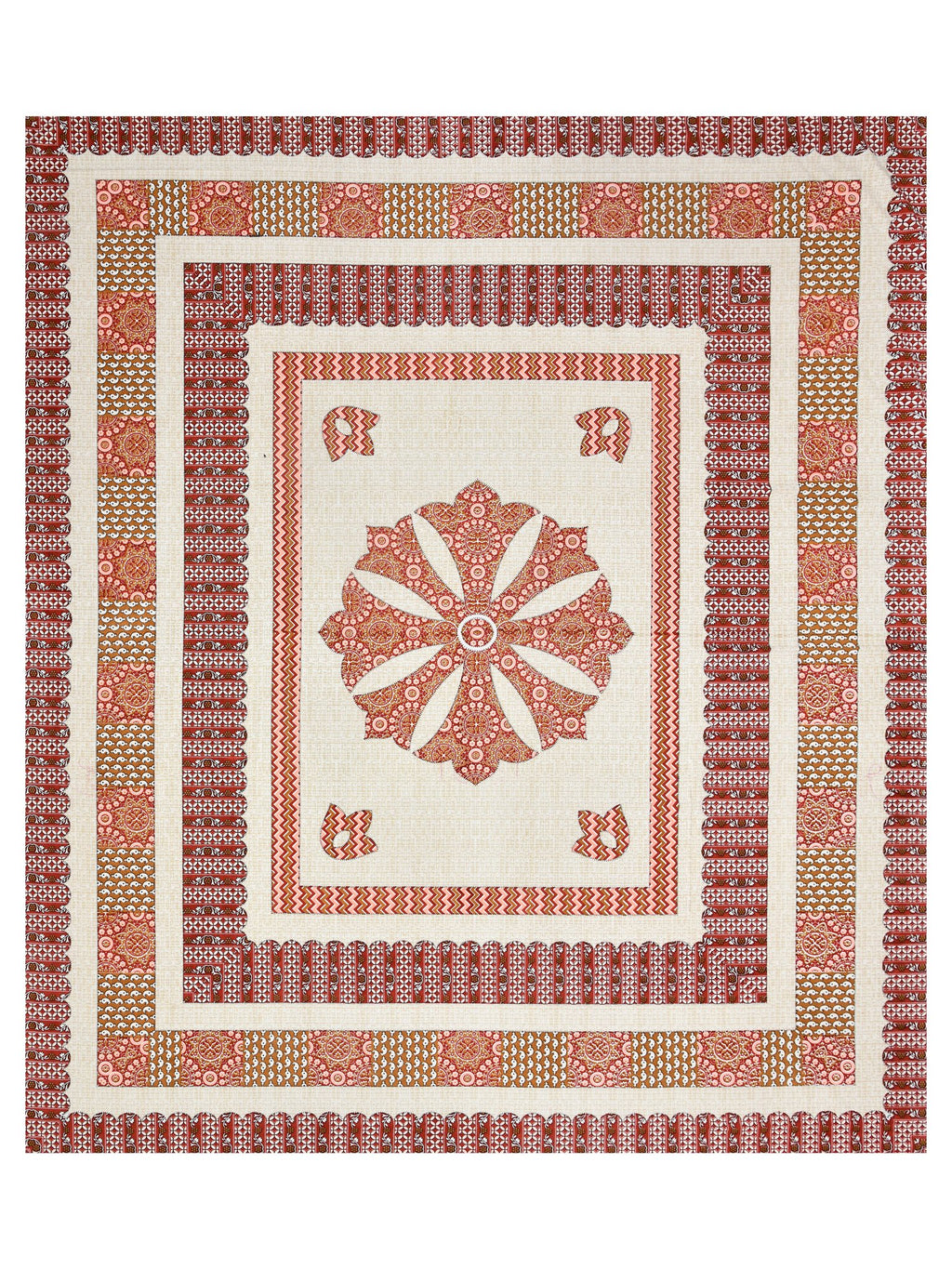 Full flat view of the cream bedsheet with central rust mandala medallion and layered borders
